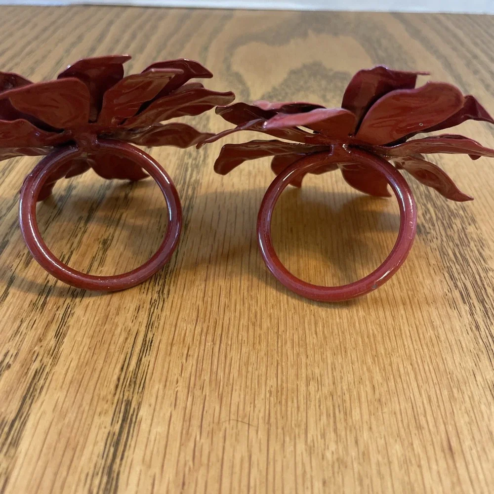 Vintage metal flower power napkin rings holders orange & red ombre 1970's set 2